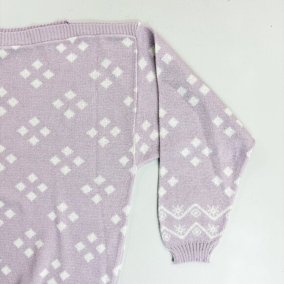 PYKETTES Vintage 80s Sweater Medium Boatneck Retro Lavender Diamond Print - Picture 3 of 8